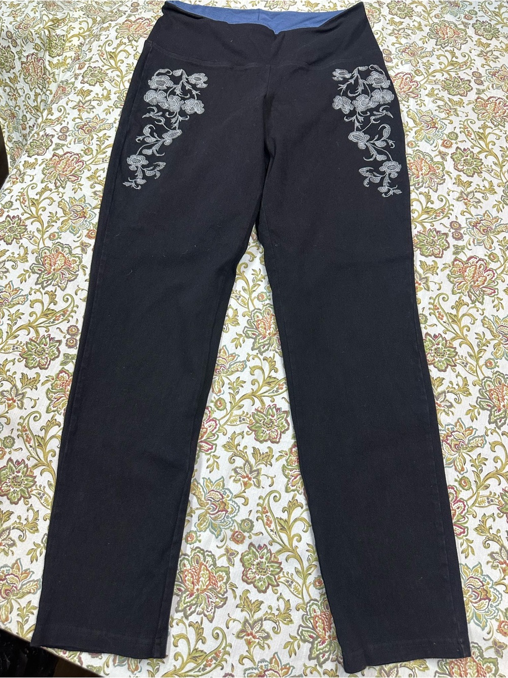 Women with Control Black Leggings with Gray Floral Embroidery